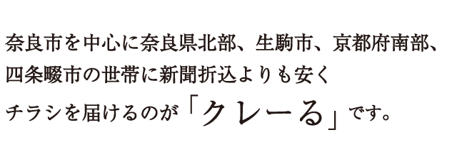 奈良市を中心に奈良県北部、生駒市、京都府南部、四条畷市の世帯に新聞折込よりも安くチラシを届けるのが「クレーる」です。